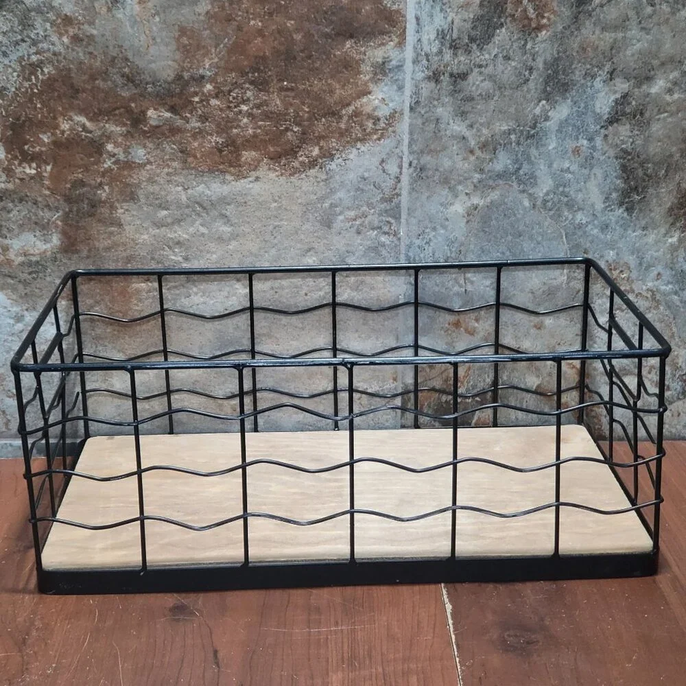 Decorative Black Wire Basket with Natural Wood Board Base